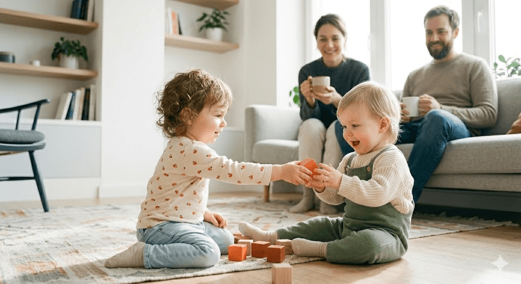 Children sharing toys
